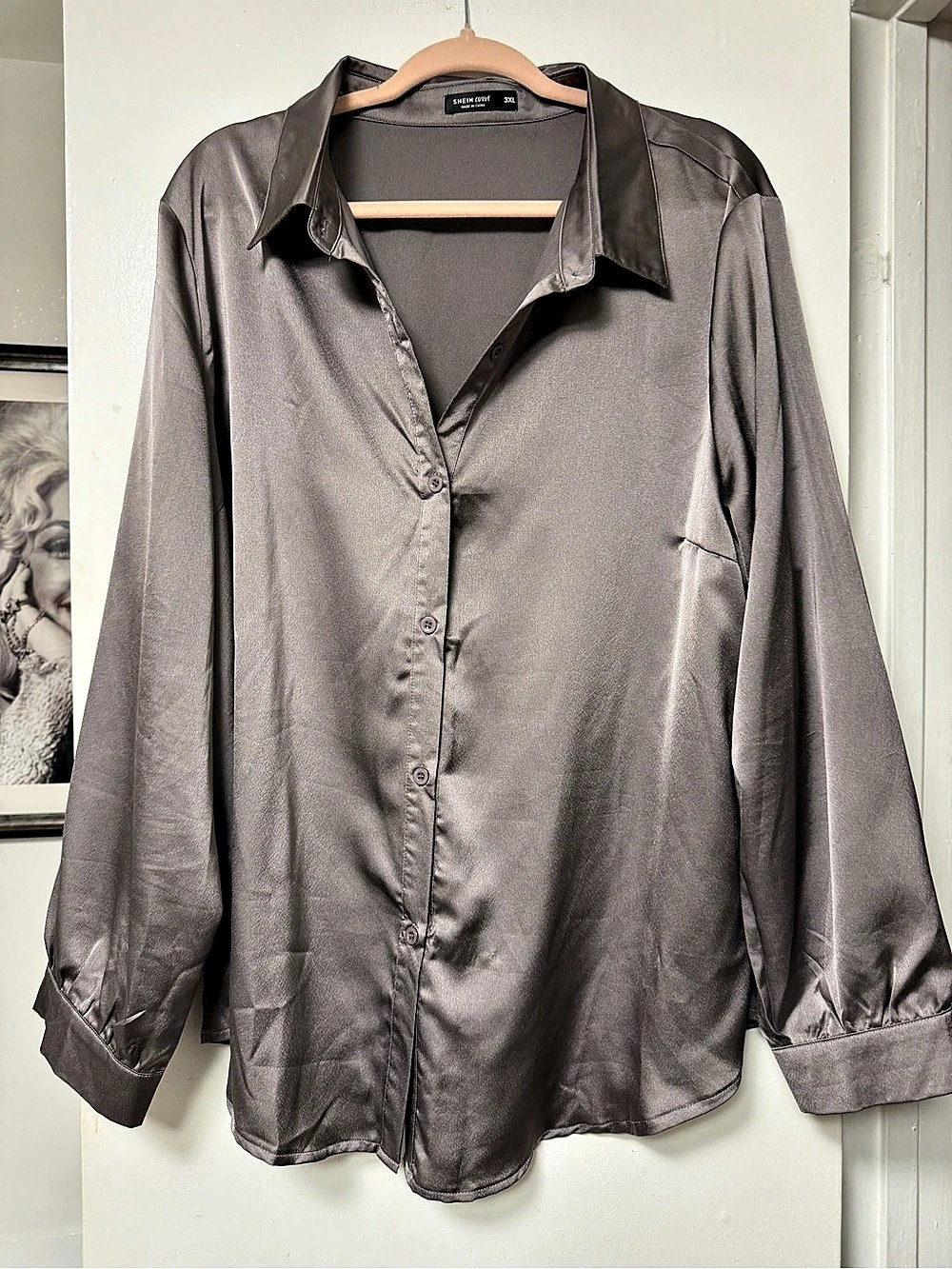 SHEIN CURVE Satin Button Down Shirt Gray 3XL